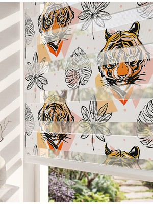 Adhome Vahşi Kaplan ve Tropikal Monstera Yaprakları Dijital Baskılı Estetik Zebra Perde | Ölçü: 30 x 30