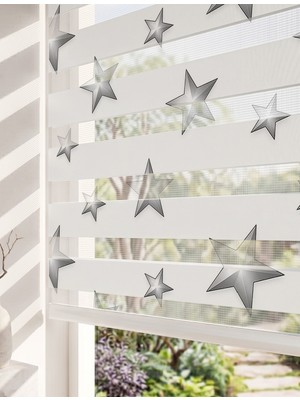 Adhome Minimalist Gümüş Yıldızlar 3D Efektli Dijital Baskılı Genç Odası Zebra Perde | Ölçü: 30 x 30