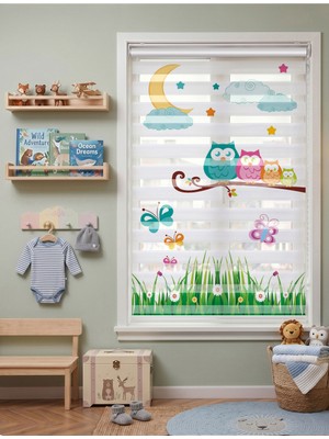 Adhome Uyuyan Sevimli Baykuşlar ve Gece Gökyüzü Dijital Baskılı Lüks Bebek Odası Zebra Perde | Ölçü: 30 x 30