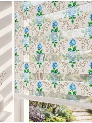 Adhome Mavi Güller ve Altın Damask Motifli Dijital Baskılı Lüks Zebra Perde | Ölçü: 30 x 30