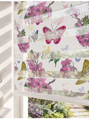 Adhome Pembe Sakura Kiraz Çiçekleri Kelebekler Dijital Baskılı Lüks Romantik Zebra Perde | Ölçü: 30 x 30