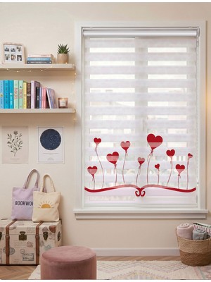 Adhome Açık Kitap ve Kırmızı Kalp Balonlar Dijital Baskılı Estetik Zebra Perde | Ölçü: 30 x 30