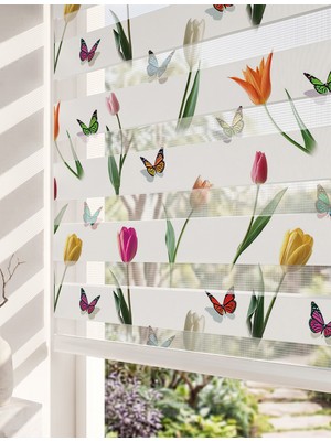 Adhome Renkli Laleler ve Uçan Kelebekler Dijital Baskılı Çiçekli Zebra Perde | Ölçü: 30 x 30