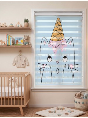 Adhome Dondurma Külahlı Tatlı Kedi Desenli Dijital Baskılı Bebek Odası Zebra Perde | Ölçü: 30 x 30