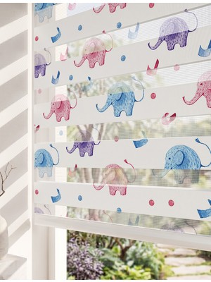 Adhome Suluboya Pembe ve Mavi Filler Dijital Baskılı Bebek Odası Zebra Perde | Ölçü: 30 x 30