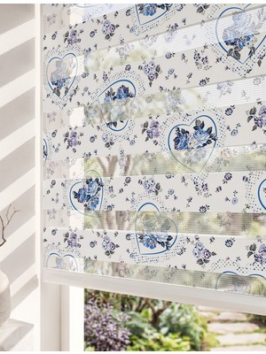 Adhome Mavi Gül Şeklinde Kalpler Dijital Baskılı Estetik Zebra Perde | Ölçü: 30 x 30