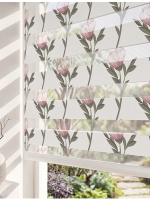 Adhome Dikey Pembe Çiçekler ve Yapraklar Dijital Baskılı Lüks Botanik Zebra Perde | Ölçü: 30 x 30