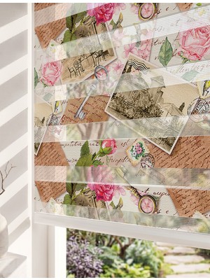 Adhome Vintage Gül ve Anahtar Kolajı Dijital Baskılı Nostaljik Zebra Perde | Ölçü: 30 x 30