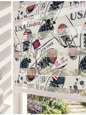 Adhome Abd ve Londra Bayraklı Sneaker Pop Art Dijital Baskılı Genç Odası Zebra Perde | Ölçü: 30 x 30