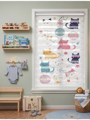 Adhome Renkli Kediler ve Yumaklar Desenli Dijital Baskılı Zebra Perde | Ölçü: 30 x 30