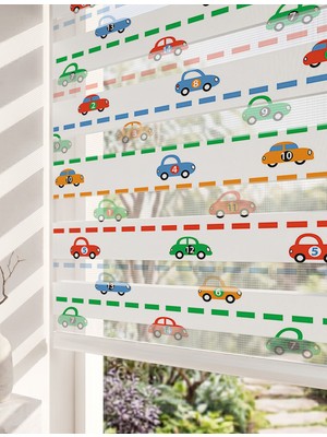 Adhome Eğlenceli Renkli Arabalar ve Yollar Dijital Baskılı Lüks Erkek Çocuk Odası Zebra Perde | Ölçü: 30 x 30