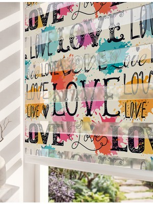 Adhome Rengarenk Suluboya Sıçramalı Love Yazılı Dijital Baskılı Zebra Perde Eğlenceli Tasarım | Ölçü: 30 x 30