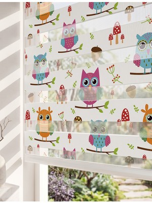 Adhome Sevimli Baykuşlar ve Ağaç Dalları Dijital Baskılı Lüks Bebek Çocuk Odası Zebra Perde | Ölçü: 30 x 30