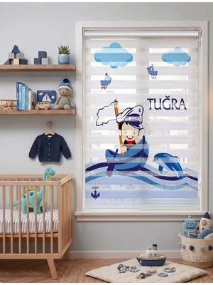 Adhome Denizci Çocuk Yunus ve Mavi Kayık Dijital Baskılı Erkek Çocuk Odası Zebra Perde | Ölçü: 30 x 30