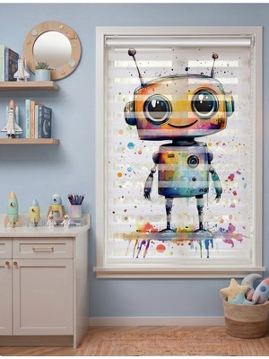 Adhome Renkli ve Sevimli Suluboya Robot Dijital Baskılı Zebra Perde | Ölçü: 30 x 30