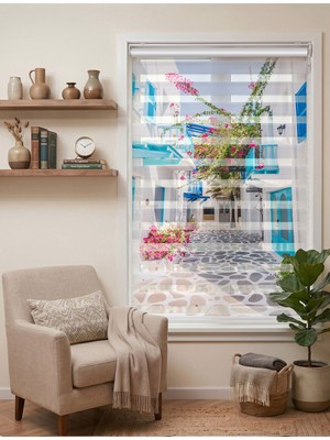 Adhome Santorini Mavi Evler Pembe Begonvil Dijital Baskılı Estetik Manzara Zebra Perde | Ölçü: 30 x 30
