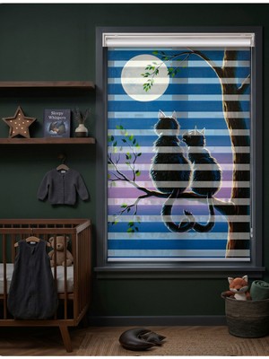 Adhome Dolunay ve Siyah Kediler Dijital Baskılı Lüks Romantik Gece Zebra Perde | Ölçü: 30 x 30