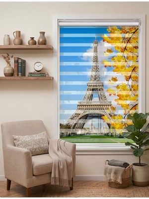 Adhome Paris Eyfel Kulesi ve Sarı Sonbahar Yaprakları Dijital Baskılı Zebra Perde | Ölçü: 30 x 30