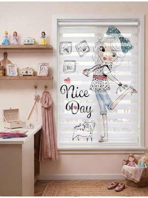 Adhome Nice Day Yazılı Fotoğrafçı Kız ve Kedi Dijital Baskılı Çocuk Odası Zebra Perde | Ölçü: 30 x 30