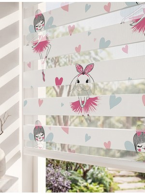 Adhome Pembe Kalpli Balerin Kız ve Tavşan Dijital Baskılı Kız Çocuk Odası Zebra Perde | Ölçü: 30 x 30