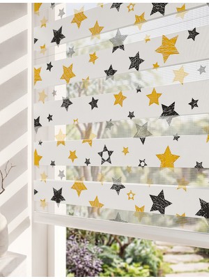 Adhome Minimalist Siyah Sarı Eskiz Yıldızlar Dijital Baskılı Genç Odası Zebra Perde | Ölçü: 30 x 30