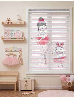 Adhome Pembe Tütülü Balerin Kız ve Tavşan Dijital Baskılı Çocuk Odası Zebra Perde | Ölçü: 30 x 30