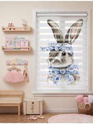 Adhome Mavi Çiçekli Kurdeleli Vintage Tavşan Dijital Baskılı Zebra Perde | Ölçü: 30 x 30