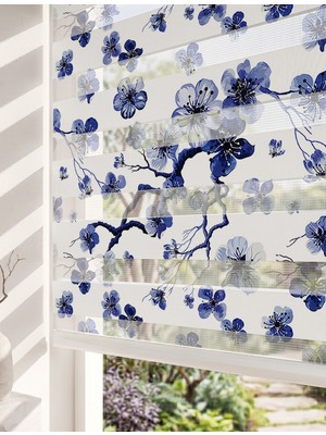 Adhome Mavi Kiraz Çiçekleri Dijital Baskılı Japon Sakura Zebra Perde | Ölçü: 30 x 30