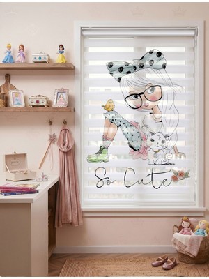 Adhome So Cute Yazılı Gözlüklü Kız ve Kedi Dijital Baskılı Çocuk Odası Zebra Perde | Ölçü: 30 x 30