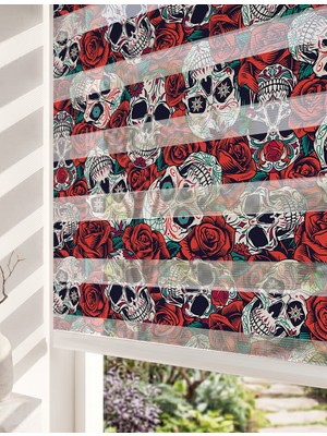Adhome Geleneksel Kurukafa ve Kırmızı Güller Dijital Baskılı Estetik Zebra Perde | Ölçü: 30 x 30