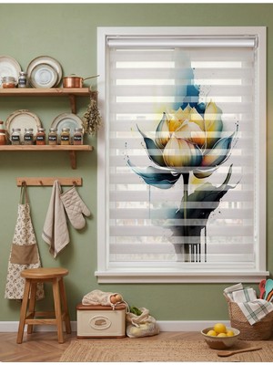 Adhome Sarı ve Mavi Lotus Çiçeği Desenli Modern Dijital Baskılı Zebra Perde | Ölçü: 30 x 30