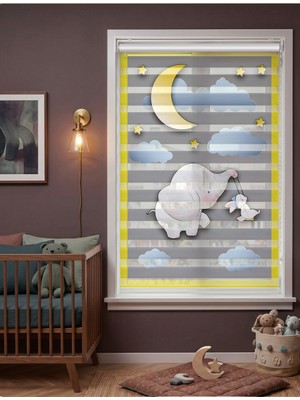 Adhome Gri Zemin Sarı Aydede ve Sevimli Fil Desenli Dijital Baskılı Bebek Odası Zebra Perde | Ölçü: 30 x 30