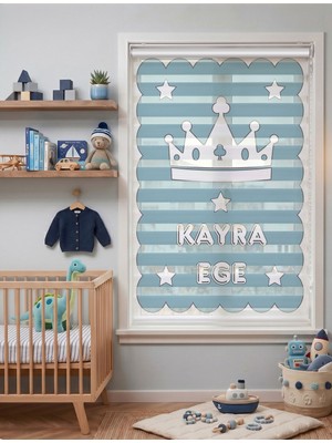 Adhome Isim Yazılabilir Mavi Taçlı ve Yıldızlı Çocuk Odası Dijital Baskılı Zebra Perde | Ölçü: 30 x 30