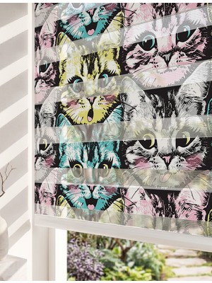 Adhome Sevimli Renkli Kedi Yüzleri Dijital Baskılı Çocuk Odası Zebra Perde | Ölçü: 30 x 30