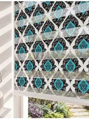 Adhome Turkuaz Mavi ve Siyah Klasik Damask Motifli Dijital Baskılı Lüks Zebra Perde | Ölçü: 30 x 30