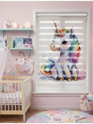 Adhome Gökkuşağı ve Sihirli Unicorn Çocuk Odası Dijital Baskılı Zebra Perde | Ölçü: 30 x 30