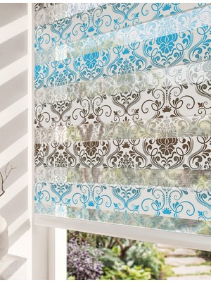 Adhome Mavi ve Kahverengi Klasik Damask Motifli Dijital Baskılı Lüks Zebra Perde | Ölçü: 30 x 30