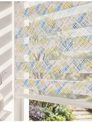 Adhome Pastel Sarı ve Mavi Soyut Çizgiler Dijital Baskılı Lüks Minimalist Zebra Perde | Ölçü: 30 x 30