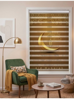 Adhome Koyu Zemin Altın Hilal ve Fener Dijital Baskılı Lüks Zebra Perde | Ölçü: 30 x 30