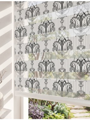 Adhome Açık Gri Beyaz Zarif Mandala Damask Dijital Baskılı Lüks Zebra Perde | Ölçü: 30 x 30