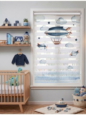 Adhome Mavi Zeplin ve Uçaklar Dijital Baskılı Erkek Bebek Odası Zebra Perde | Ölçü: 30 x 30