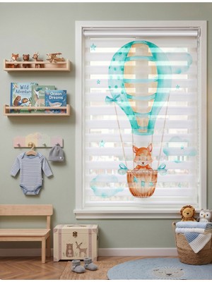 Adhome Turkuaz Balon Tilki Desenli Erkek Bebek Odası Dijital Baskılı Zebra Perde | Ölçü: 30 x 30