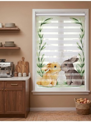 Adhome Sevimli Tavşanlar ve Yapraklar Dijital Baskılı Bebek Odası Zebra Perde | Ölçü: 30 x 30