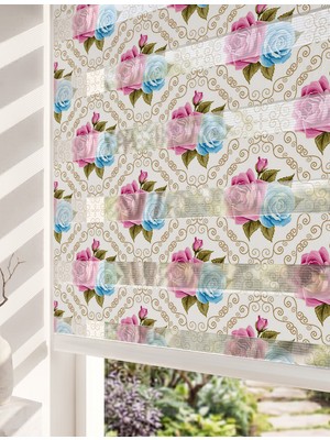Adhome Pembe ve Mavi Güller Damask Altın Motifli Dijital Baskılı Lüks Zebra Perde | Ölçü: 30 x 30