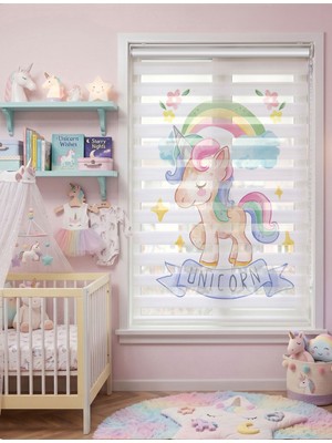 Adhome Gökkuşağı ve Sevimli Unicorn Dijital Baskılı Kız Çocuk Odası Zebra Perde | Ölçü: 30 x 30