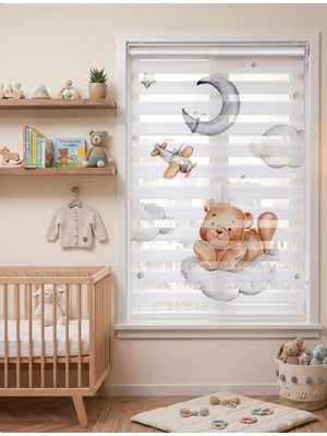 Adhome Sevimli Ayıcık ve Aydede Desenli Bebek Odası Dijital Baskılı Zebra Perde | Ölçü: 30 x 30