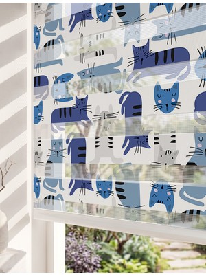 Adhome Sevimli Esneyen Mavi Kediler Dijital Baskılı Lüks Eğlenceli Bebek Odası Zebra Perde | Ölçü: 30 x 30