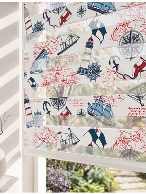 Adhome Vintage Denizcilik Yelkenli Pusula ve Fener Dijital Baskılı Estetik Zebra Perde | Ölçü: 30 x 30