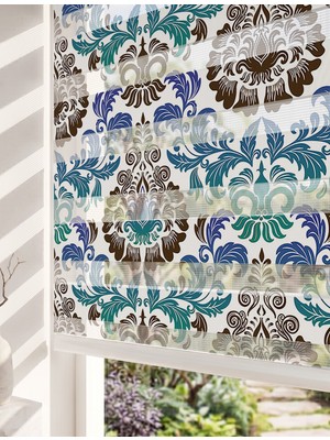 Adhome Mavi ve Kahverengi Klasik Damask Desenli Dijital Baskılı Lüks Zebra Perde | Ölçü: 30 x 30