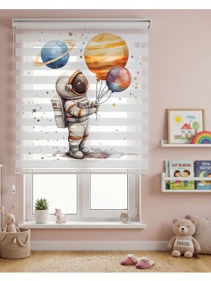 Adhome Gezegen Balonları Tutan Astronot Dijital Baskılı Zebra Perde | Ölçü: 30 x 30